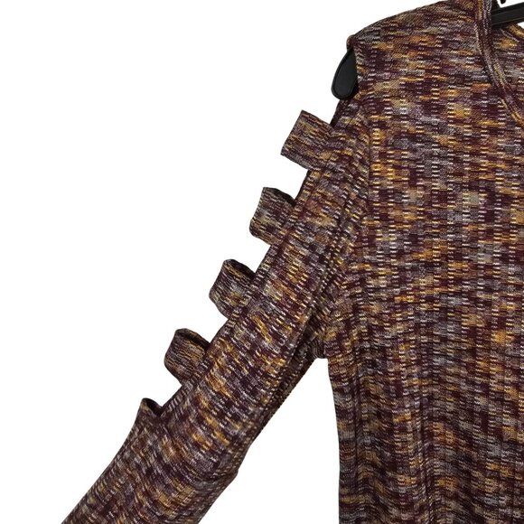 Womens SM Brown Purple Knit Cold Shoulder Y2K Retro Whimsigoth Sweater Top - Picture 4 of 11